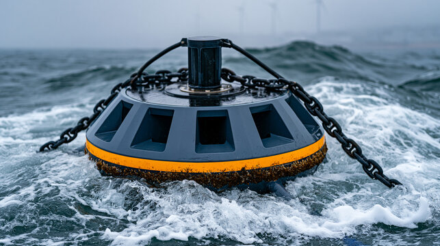 Wave energy buoy anchored offshore, steel mooring chain taut beneath swell, cylindrical hull rising with Atlantic groundswell, barnacle encrusted waterline ring, horizon dissolving into overcast dif