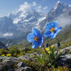 Obraz premium Blue Himalayan Poppy blooming on a mountain meadow