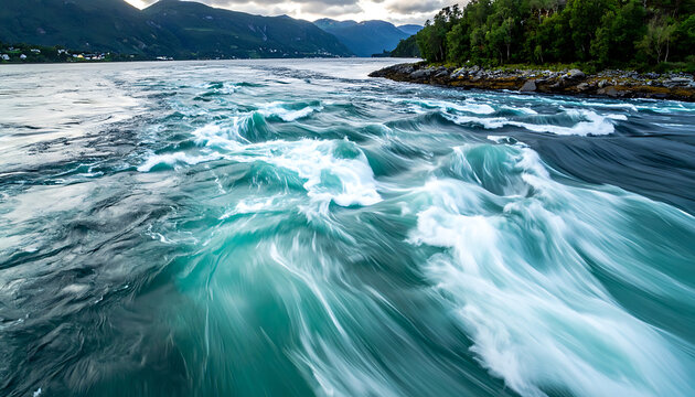 Turbulent turquoise water with white foam and streaks of light, depicting a powerful ocean current with coastal trees and distant lights under a dramatic sky