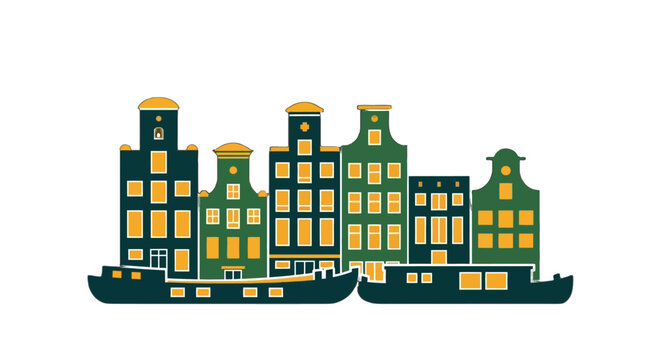 Whimsical Dutch canal houses on stylized boats illustration.