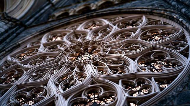 Chartres Cathedral north rose window Gothic tracery geometry in infrared converted tonal, rayonnant style stone mullion armature rendered luminous, lancet clerestory arrangement flanking central qua