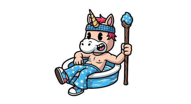 Cartoon Unicorn Donut Holding Magic Wand Scepter.