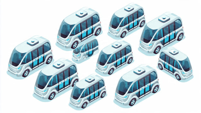 Collection of small modern blue and white autonomous electric shuttles with sleek design