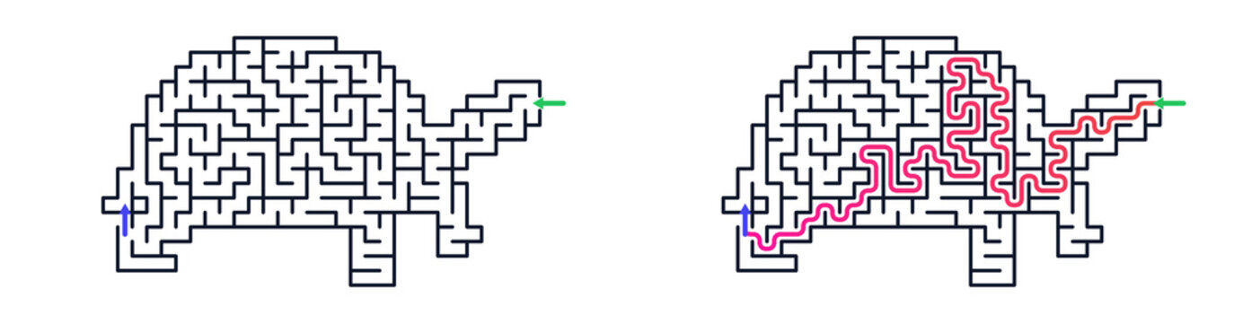 Maze design shaped like an elephant with a marked solution path  