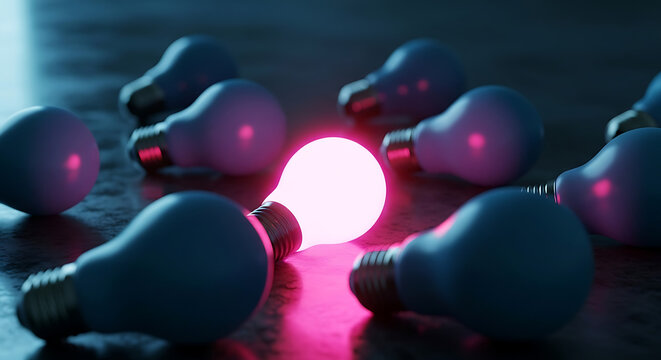 Glowing bulb among dimmed ones concept