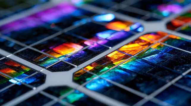 Polycrystalline photovoltaic panel surface extreme close, random silicon grain crystal boundary texture, titanium dioxide antireflection coating iridescence, silver busbar finger soldering junction,