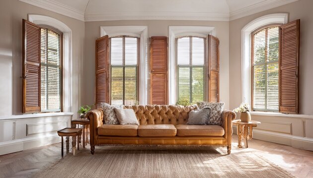 bow windows shutters interior view with classic vintage couch