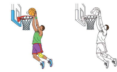 Professional Basketball Player Jumping for Slam Dunk into Hoop with Colorful Jersey and Line Art Version, Sports Action Flat Vector Illustration for Graphic Design © SHOHAG