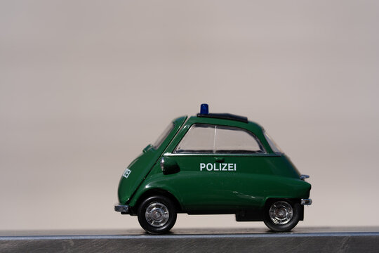 Bucharest Romania 30 May 2026.Detailed scale model of a vintage German green police car based on the iconic BMW Isetta 250 microcar. 