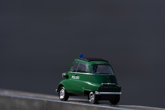 Bucharest Romania 30 May 2026.Detailed scale model of a vintage German green police car based on the iconic BMW Isetta 250 microcar. 