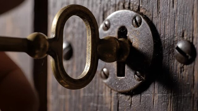 Old Key Turning in a Rusty Lock on a Wooden Door.