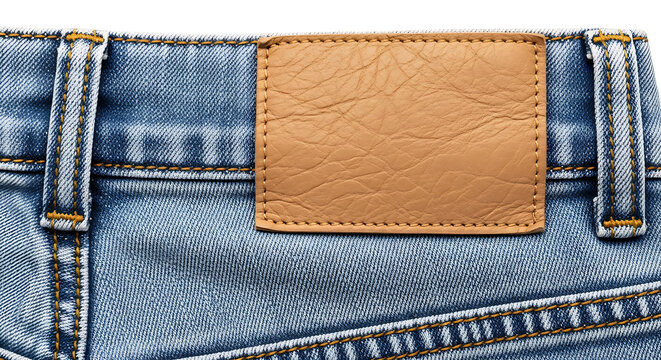 Blue denim jeans with tan leather patch and stitching