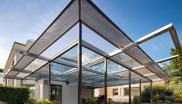 pultvordach aus aluminium und glas am eingangsbereich eines wohnhauses