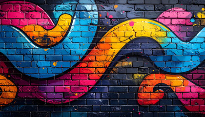 Fototapeta premium Vibrant graffiti art on a dark brick wall, abstract colorful wavy lines, urban street art style, energetic and bold.