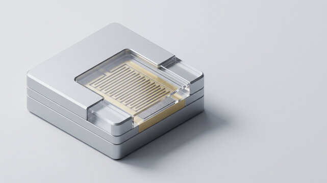 Square silver metal module with transparent window and gold pattern on light background with copy space
