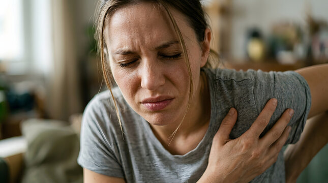 Young woman experiencing severe back pain while sitting at home in distressed mood. Generated AI image
