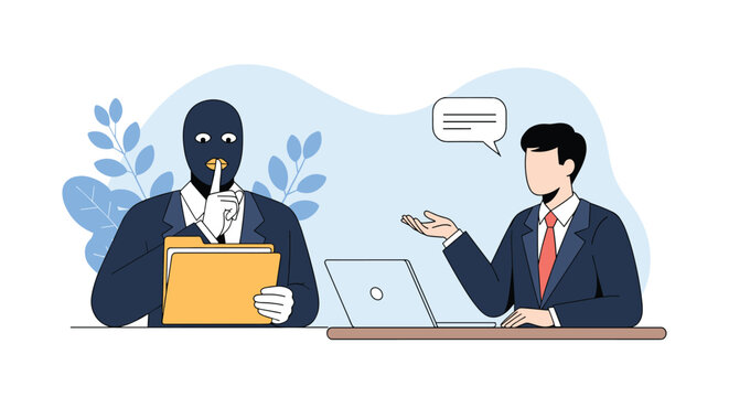 Thief wearing a black mask stealing a confidential folder from an unsuspecting businessman at his office desk with a laptop.