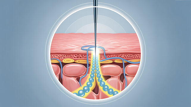 Cross-section of human skin showing layers with a needle injecting blue beads into the dermis, representing cosmetic
