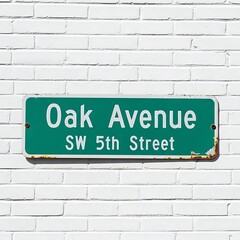 Naklejka premium Weathered Green Oak Avenue Street Sign Mounted on White Brick Wall