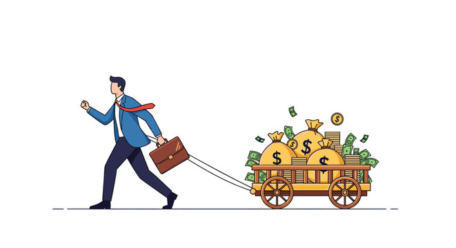 Successful entrepreneur pulling a heavy wooden cart overflowing with money bags and cash representing great wealth.