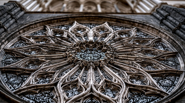 Chartres Cathedral north rose window Gothic tracery geometry in infrared converted tonal, rayonnant style stone mullion armature rendered luminous, lancet clerestory arrangement flanking central qua