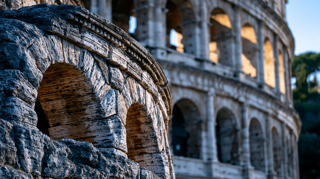 Colosseum travertine and tuff exterior arcade in high contrast tonal rendering, Doric and Ionic superimposed orders creating rhythmic shadow voids, Flavian amphitheatre barrel vault depth, Roman con