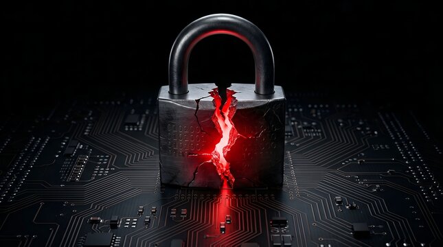 A broken padlock with a glowing red crack on a dark circuit board
