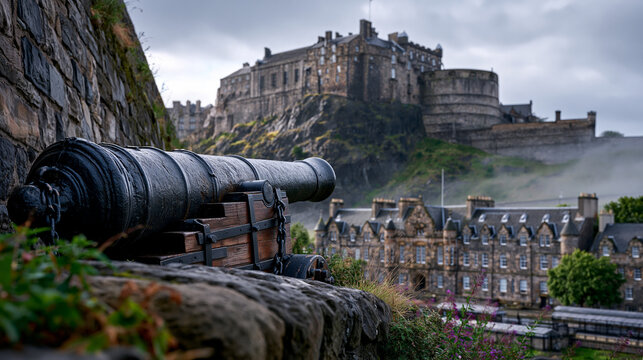 Edinburgh Castle volcanic basalt crag rising from Carboniferous sill intrusion, Mons Meg iron bombard on medieval battery wall, ashlar rubble masonry contrasting with polished Palace of Holyroodhous