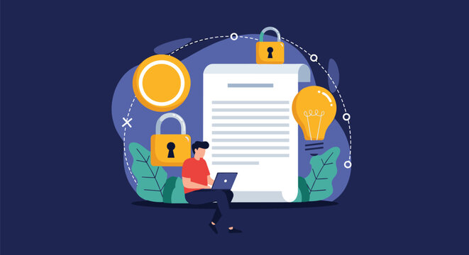 Secure digital work concept showing a man on a laptop surrounded by data protection locks and innovative ideas.