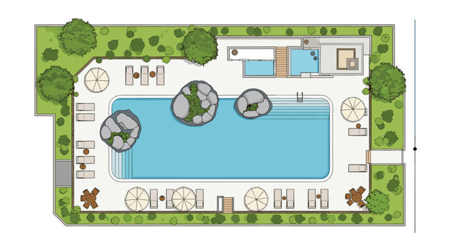 Architectural site plan of a luxury swimming pool area with lounge chairs umbrellas palm trees and landscaping in a clean graphic style.