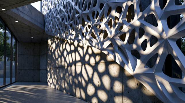 Parametric perforated aluminum facade panel casting intricate geometric shadow lattice across raw concrete interior wall, computational design algorithm producing organic voronoi cell apertures, obl