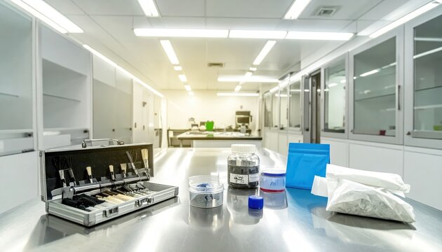 Forensic investigator's kit laid out with fingerprint powders and brushes in a modern science laboratory setting