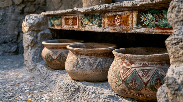 Pompeii thermopolium counter inset with terracotta dolia storage vessels, carbonized fresco panels above serving surface, Vesuvian lapilli embedded in opus signinum flooring, Roman commercial archae