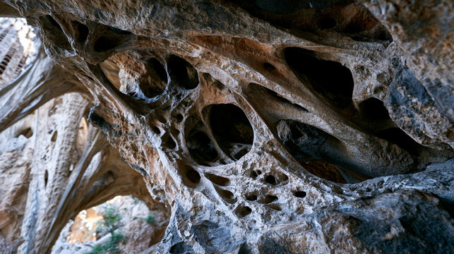 Sagrada Familia Nativity facade stone canopy in extreme close-up macro, Gaud&iacute; naturalistic sculptural organisms emerging from Montjuic sandstone surface, hyperboloid tower geometry, biomimetic archi