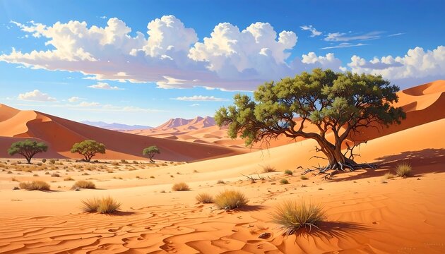 A vibrant desert scene under a bright blue sky. Rolling sand dunes with trees and sparse vegetation. Cumulus clouds