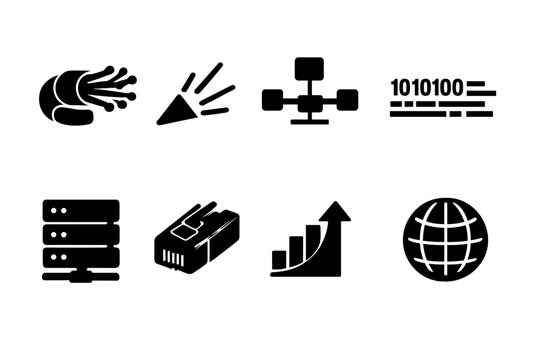 Fiber Optic Icon Set. Fiber optic network. Filled icon set of Fiber optic network: fiber cable, light pulse,