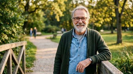 Fototapeta premium Handsome Bearded Senior Man Smiling Outdoors – Positive Aging Portrait