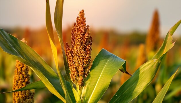 close up shot of a single sorghum plant highlighting its tall slender stalks its large green leaves and the developing reddish brown seed heads the sun casts a warm golden