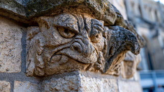 Weathered limestone cathedral exterior buttress system photographed at oblique golden hour angle, carved gargoyle water-spout projecting from the string-course, eroded foliate capitals catching raki