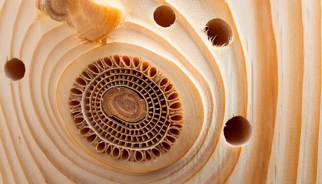 macro close up of intricate insect tunnels in light pine wood