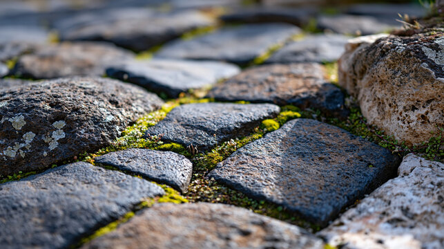 Ancient Roman forum basalt paving stones in extreme close-up macro, opus incertum surface worn smooth by centuries of foot traffic absent now, lichen and moss colonizing mortar joints, travertine li