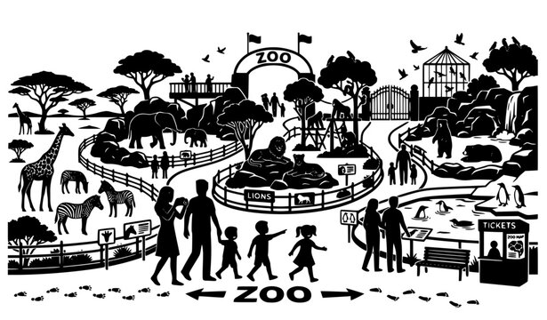 Family Visiting Zoo Silhouette Vector Scene with Animals