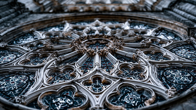 Chartres Cathedral north rose window Gothic tracery geometry in infrared converted tonal, rayonnant style stone mullion armature rendered luminous, lancet clerestory arrangement flanking central qua
