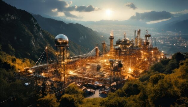 Futuristic Cityscape Nestled in Mountains at Sunset - A Vision of Tomorrow.