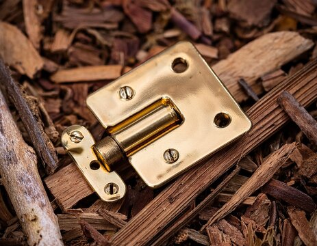 weathered brass hinge resting in natural wood mulch