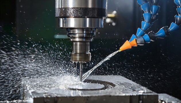 working closeup cnc turning cutting metal industry machine iron tools with splash water
