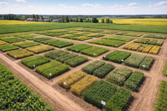 Campo de cultivo experimental dividido en secciones de prueba con marcadores visibles y diferencias en los cultivos