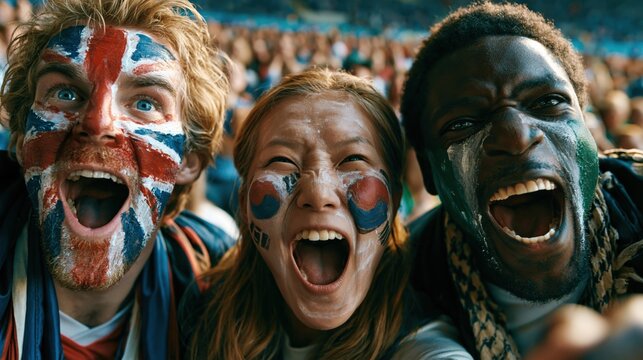 Diverse global soccer fans from UK, South Korea, and Nigeria cheering passionately together in stadium stands for 2026 world tournament.