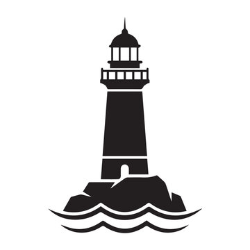 Coastal lighthouse silhouette icon on rocks over ocean waves for maritime navigation and safety with lighthouse maritime navigation silhouette nautical