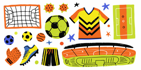Colorful Soccer Kit Illustration With Balls Jersey And Field © Anik